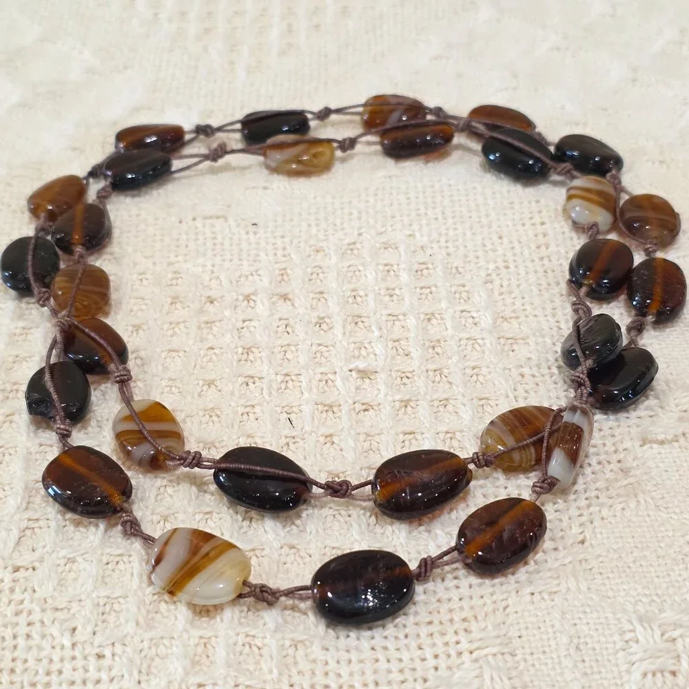 Artisan BOHO Earth Colors Rootbeer Brown Stripe Amber Art Glass Long Necklace